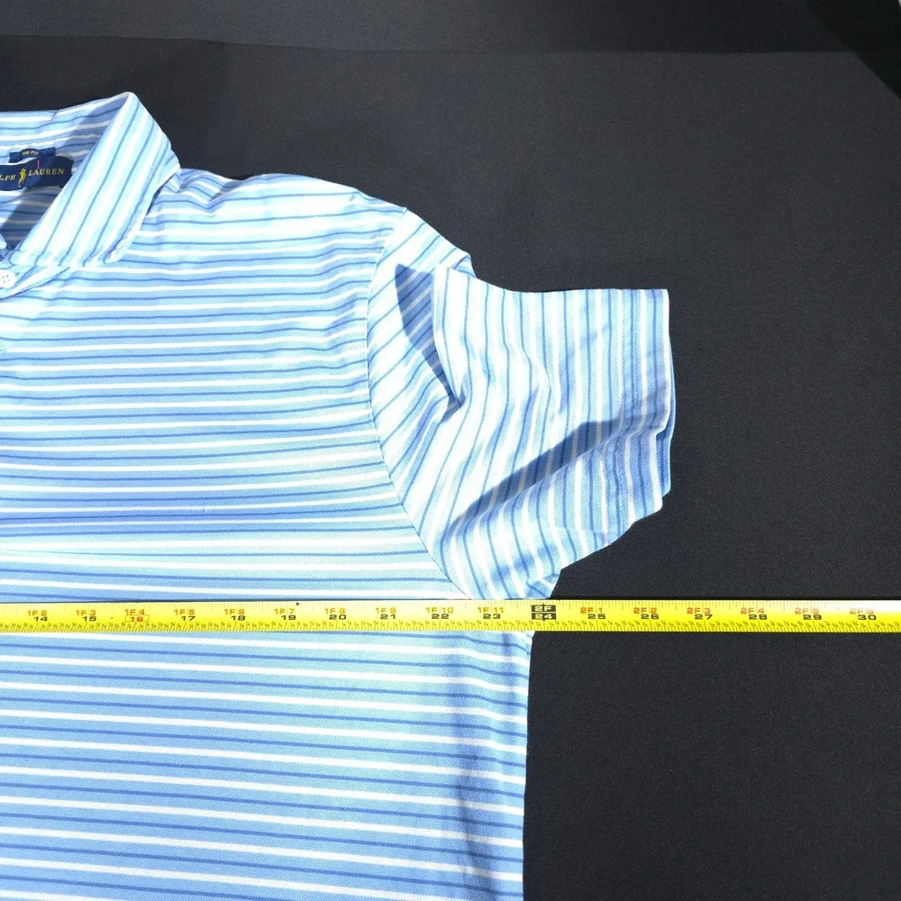 Ralph Lauren Polo‎ Shirt Mens XL Blue White Striped Pro Fit Short Sleeve Cotton